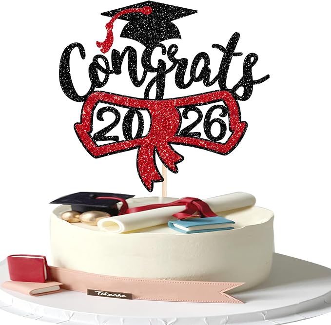 1 Pack Congrats 2026 Cake Topper Glitter Diploma Graduation Cap Cake Pick Contrats Class of 2026 Cake Decorations for 2026 Graduation Theme High School Boys Girls Graduate Party Red