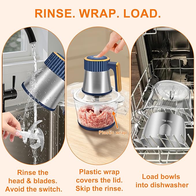 Food Processor, 5 Speed Meat Grinder with 2 Bowls(8 Cup+8 Cup), Blue | 4 Bi-Level Blades Electric Food Chopper, Mini Kitchen Cutter for Vegetable Onion Garlic Meat