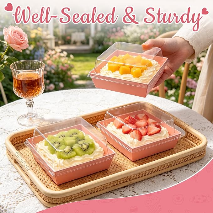 Nexboraque 100 Pack Small Charcuterie Boxes with Clear Lids, 5 Inch Cake Disposable Square Dessert Food Box Containers for Cookie, Sushi, Muffins, Fruits Display (Pink)