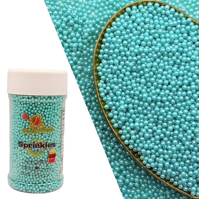 CandiJumpin 2mm Edible Teal Pearls, Teal Nonpareils Sprinkles Small Pearl Sprinkles for Cake Decorating Mini Sugar Pearls for Baking Baby Shower Party Wedding Christmas Supplies 3 OZ