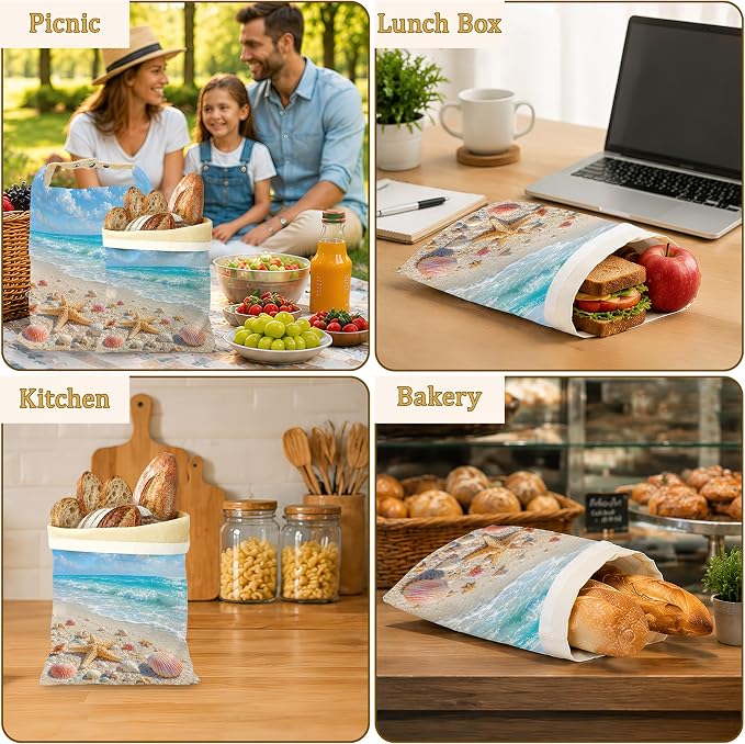 2 Pack Beeswax Linen Starfish Beach Bread Bags, Seashell Coast Reusable Fresh Keeping Bags for Sourdough & Baguette, Freezable Portable Bread Storage Container 17×13''