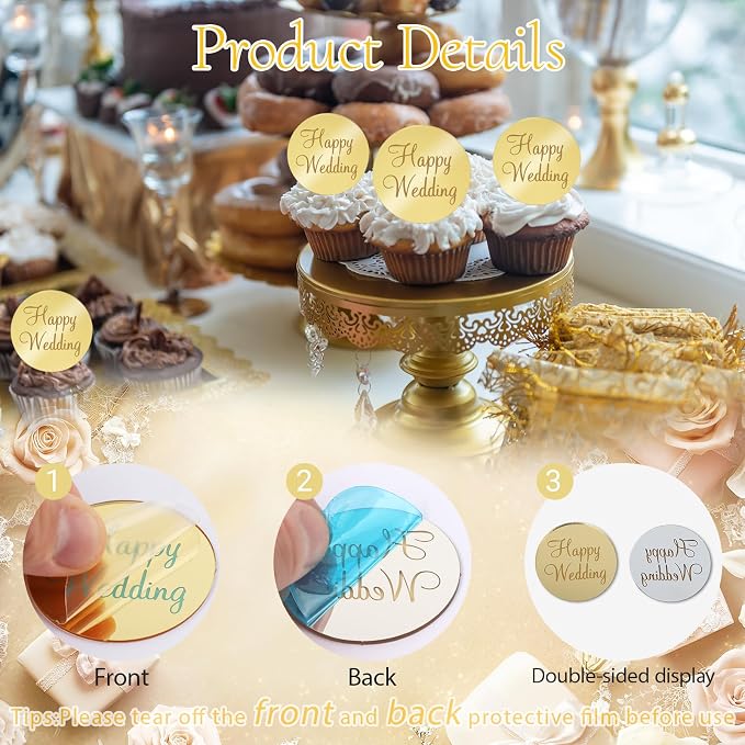 20Pcs Gold Acrylic Wedding Cupcake Toppers Mirror Happy Wedding Cake Toppers for Engagement Party Cake Decorations Round Tags Reusable Acrylic Decorations Flower Decor for Cakes Gift Boxes DIY Crafts