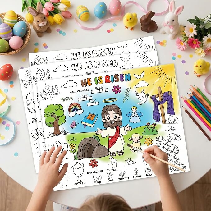 45pcs He is Risen Disposable Coloring Placemats Easter Christian Crafts for Kids Sunday School Easter Party Favors Coloring Poster Religious Activity Church Supplies Paper Table Mats