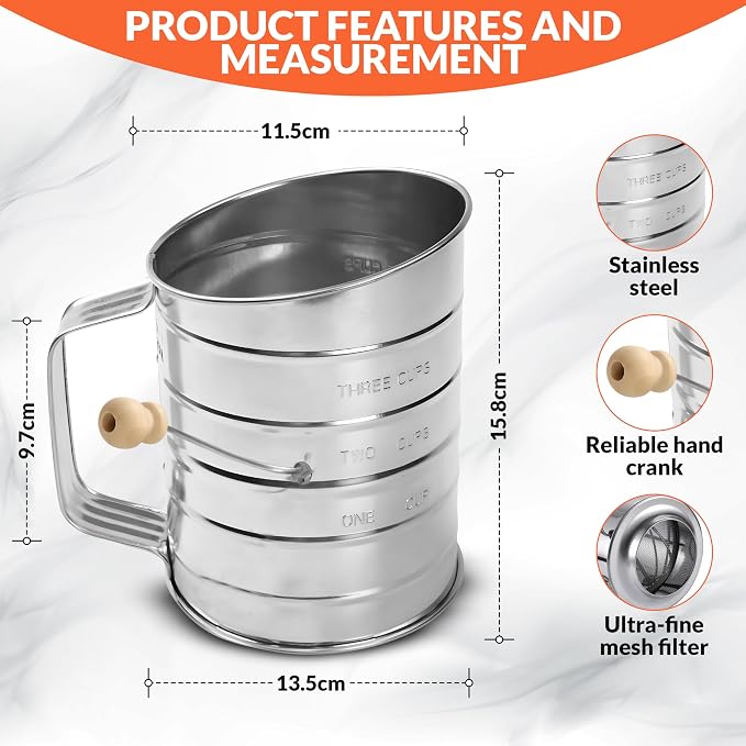 3 Cup Flour Sifter for Baking Fine Mesh Rotary Hand Crank with Loop Agitator for Quick Sifting, Flour Sifter Powered Sugar Stainless Steel 2 Wire Agitator