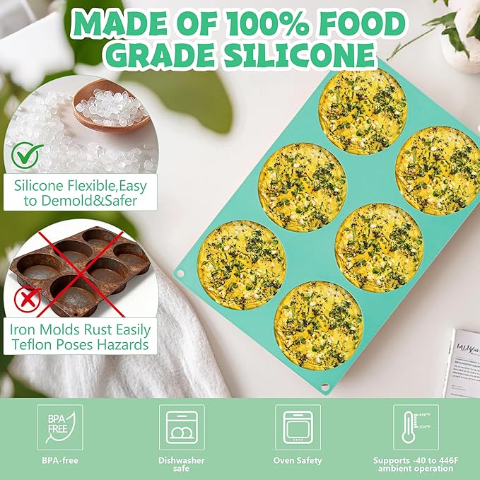 4Inch Round Silicone Mold for Baking, 2Pcs Large Silicone Muffin Top Pan Non-Stick, 6-Cavity Baking Mold for Breakfast Sandwiches Hamburger Egg Whoopie Pie (1.4Inch Deep)