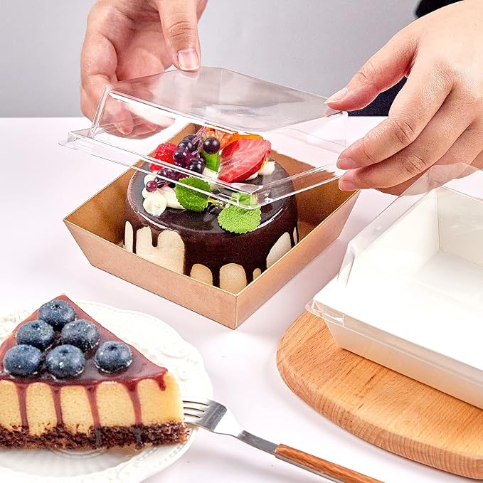 Kucoele Charcuterie Boxes with Clear Lids, 4 Inches100 Pack, Brown | Disposable, Paper, Oil-Proof, Food Containers, For Sandwich, Cupcake, Dessert, Cookie, Chocolate Covered Strawberry