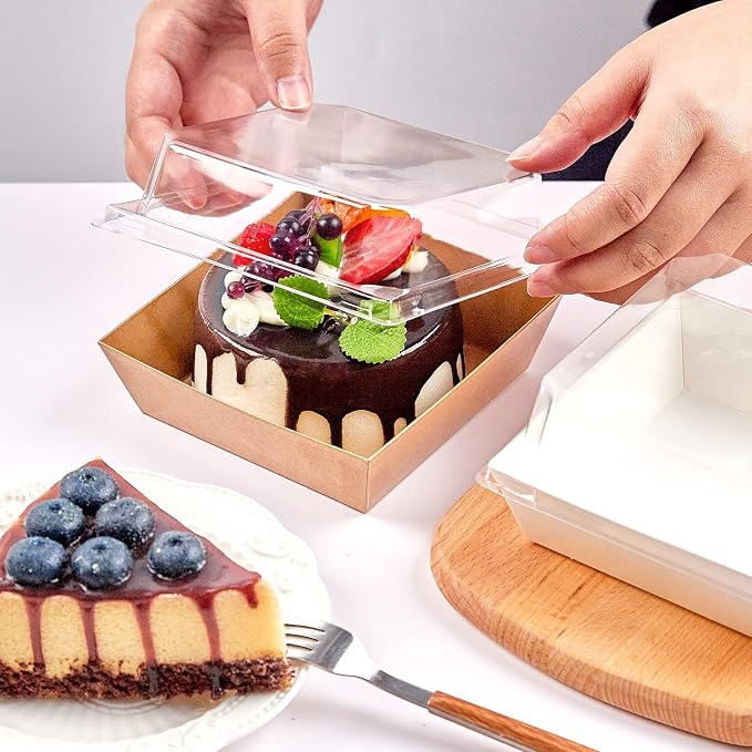 Kucoele Small Charcuterie Boxes with Clear Lids, 4 Inches, 50 Pack, Brown | Disposable, Paper, To Go Food Containers, For Cookie, Cake Slice, Mini Cake, Bakery, Dessert, Chocolate Strawberry