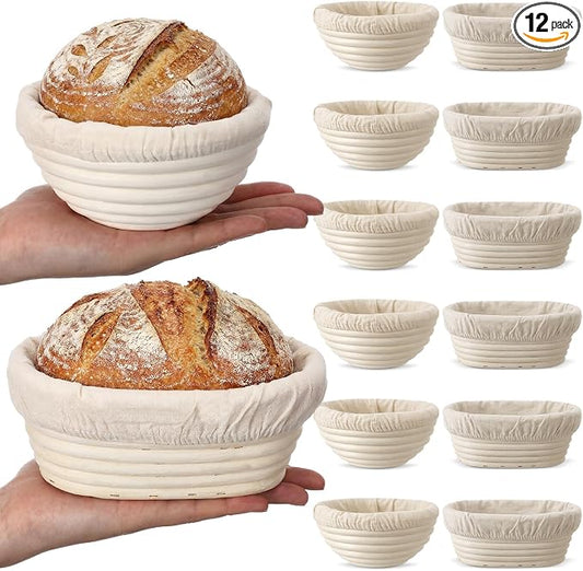 Set of 12 Mini Banneton Bread Proofing Basket with Liner, 5-inch Round and 6.5-inch Oval Small Bread Proofing Sourdough Bowl, for Sourdough Making, Baking Supplies for Home and Bakery