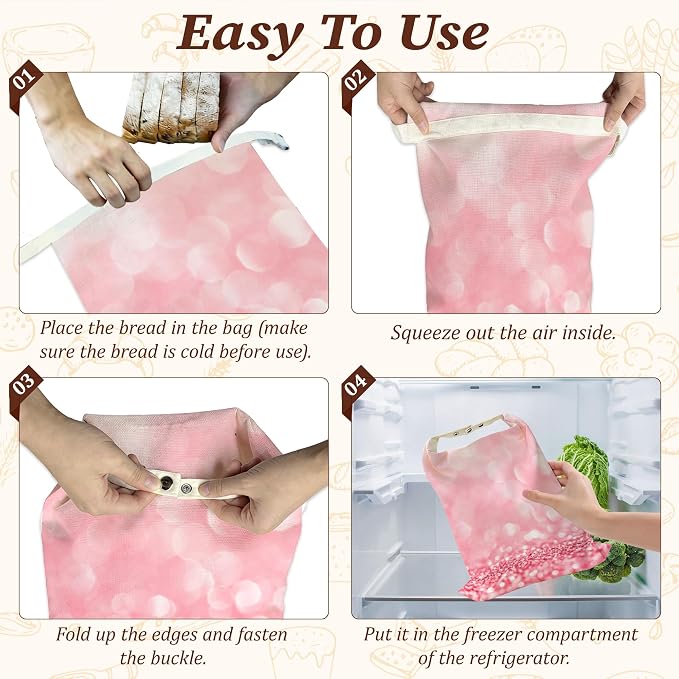 Beeswax Bread Bags, 2 Pack for Homemade Bread and Sourdough Storage | Pink Glitter, Reusable Polyester Bread Storage With Beeswax Coating And Snap Closures