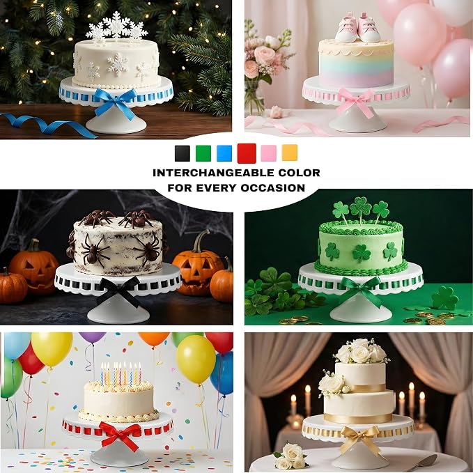 Ceramic Cake Stand, 12inch cake decoration supplies, Cake Pedestal Stand with 6 Ribbons, Cake Stands for Party or Birthday, White Cake Platter - Cake Display Stand for Wedding Reception, Pie Stand
