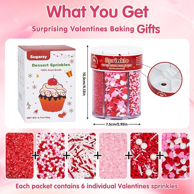 Edible Heart Sprinkles for Cake Decorating,6 Cell-6.7oz,Red Pink and White Sugar Pearls Jimmies Mix,Valentines Nonpareils Cake Decorations for Baking,Desserts,Cupcakes,Baking,Ice Cream,Cookies,Cupcake Topper,Birthday Wedding Birthday Party Decorations