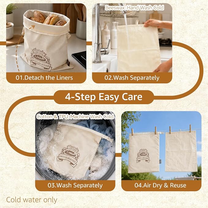 Bread Bags for Homemade Bread & Sourdough - 2 Pack Reusable Beeswax Bread Bags, 100% Cotton with Detachable Liner & TPU Freezer Bag, 17x13in, Freezer Safe & Washable