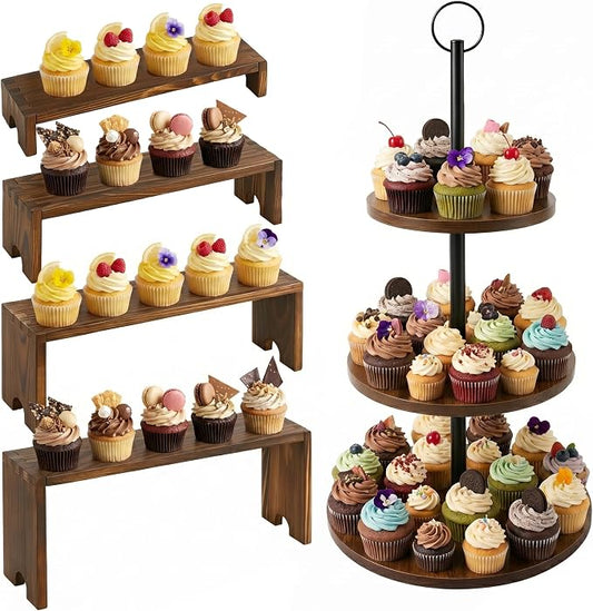 Wooden Cupcake Stand Set of 2, 3 Tier Rotating Dessert Tower & 4 Tier Stackable Cupcake Stand, Rustic Cake Display Rack for Wedding Birthday Baby Shower Graduation Christmas Halloween Party