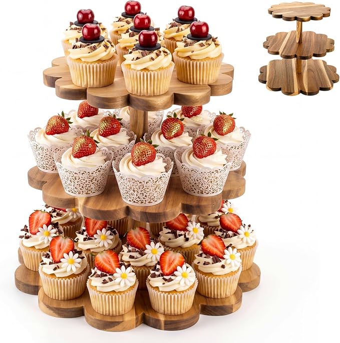 Novabright 3 Tier Scalloped Cupcake Stand, Acacia Wood Dessert Tower Display for Wedding Birthday Baby Shower Party, Rustic Tiered Cake Stand Holds 24 Cupcakes, 9/11/13 Inch, Easy Assembly