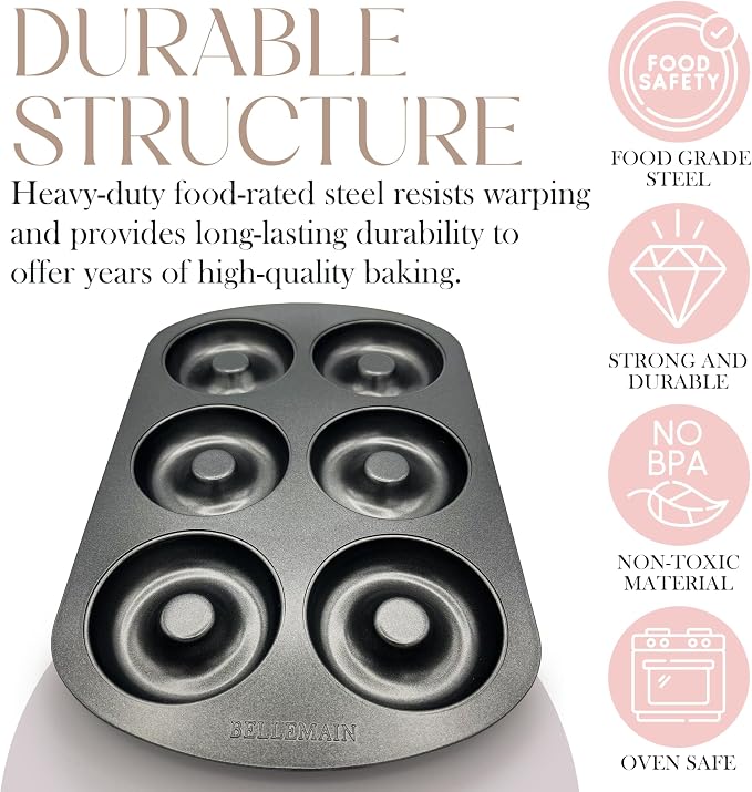 Bellemain Premiere Donut Pan for Baking | Nonstick 12.5 x 8.5” Doughnut Pan with 6-Doughnut Molds | Includes 1 Steel Donut Tray | Make Perfect Bagels and Cake Donuts (1-pack)