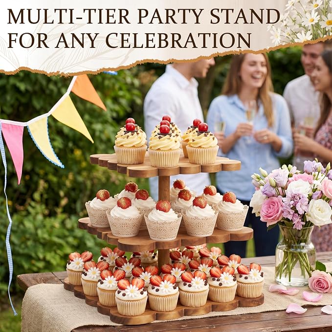 Novabright 3 tier Square Acacia Wood Cupcake Stand Rustic Square Dessert Display, Sturdy Wooden Cake Stand for Weddings, Parties Kitchen, Baby Shower, Birthday