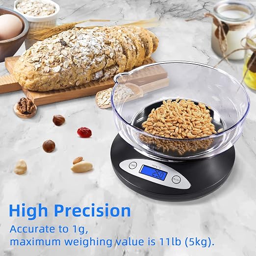 THINKSCALE Digital Kitchen Scale, 11lb/5kg Food Scale with Bowl, Digital Grams and Ounces for Weight Loss, Dieting, Baking, Cooking, and Meal Prep, Backlit Display
