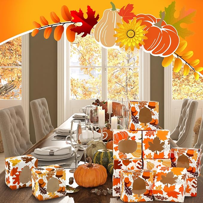 Dispowreath 24 Pcs Fall Treat Boxes with Window Yellow Maple Leaf Pumpkin Printed Candy Cookie Boxes Paper Gift Container Autumn Party Favor for Thanksgiving Fall Cookie Goodie Candy Party