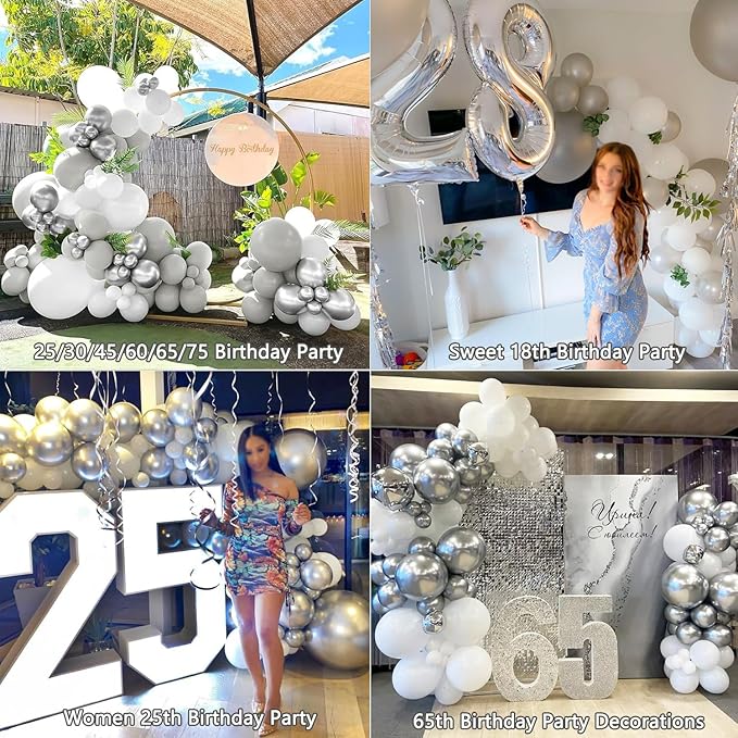 White Silver Balloon Arch Kit Garland with Grey Clear Balloons for Birthday Winter Wonderland Baby Shower Bridal Shower Engagement Wedding Anniversary Party Decorations