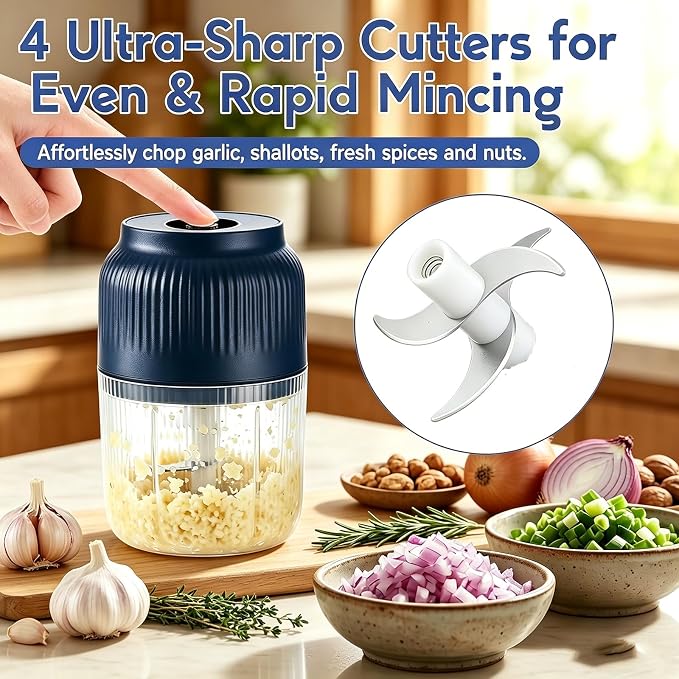 Electric Garlic Chopper, 2026 New Mini Food Processor & Food Chopper for Kitchen, Portable Cordless Garlic Mincer, Onion, Ginger, Chili, Spices and Fruit(350ML Blue)