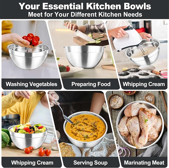 TeamFar Mixing Bowls Set, 4.5/3/1.5/1/0.7 QT Stainless Steel Nesting Salad Bowls with Airtight Lids, For Serving/Mixing/Storing, Non-Toxic & Heavy Duty, Visible & Easy Clean, Black, Set of 5