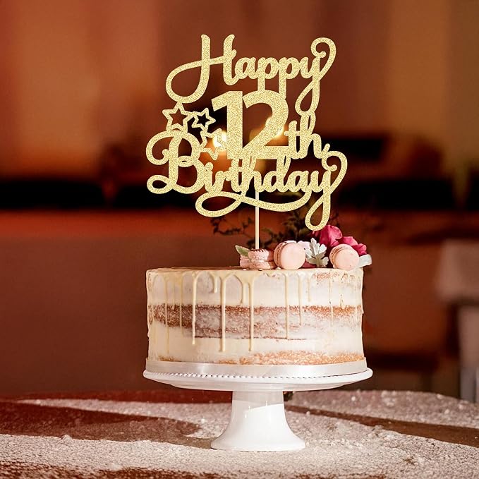1 Pack Happy 12th Birthday Cake Topper Glitter Heart Star 12 Fabulous Cake Pick Birthday Sign Cake Decorations for Children 12th Birthday Theme Party Supplies Gold