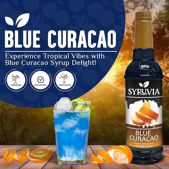Syruvia Blue Curacao Syrup, Flavored Syrup for Cocktails, Drinks, Lemonades, Iced Teas, and Desserts – 25.4 fl oz - with Pump