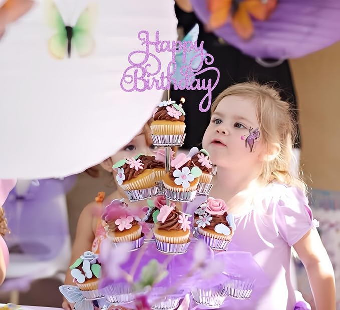 Happy Birthday Cake Topper - Purple Glitter Birthday Party Cake Decoration Supplies, Photo Booth Props