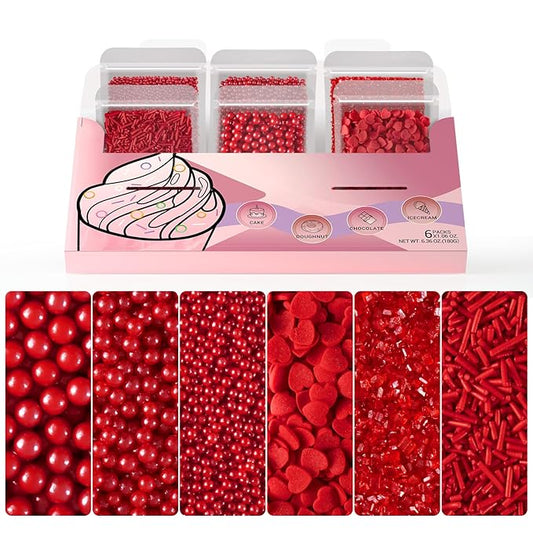 HUEBEATY 6-in-1 Valentines Red Sprinkles for Cake Decorating - 180g Red Heart Shaped Confetti Sprinkles, Edible Sugar Pearls, Sanding Sugar & Jimmies, Grinch Christmas & Valentines Sprinkles for Cookies, Cupcakes Baking