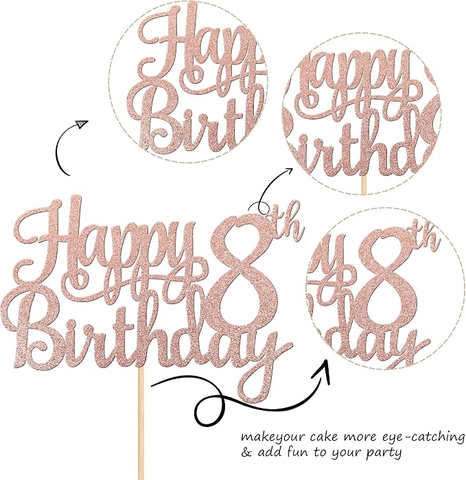 1 PCS Happy 8th Birthday Cake Topper Glitter Cheers to 8 Years Cake Pick Number 8 Fabulous Cake Decoration for 8th Birthday Party Decorations Supplies Rose Gold