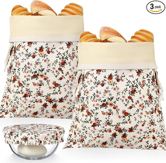 Reusable Beeswax Bread Bags for Homemade Bread Sourdough (2 Pcs 13x17in Bags + 10in Bowl Cover) Floral Cotton 100% Natural Beeswax Coating, Plastic-free Food Storage Wrap(Vintage Flower)