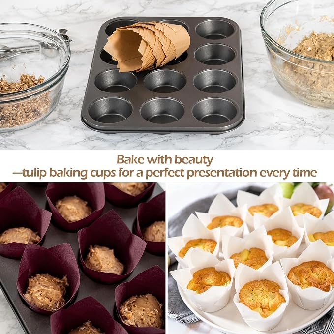 Ruisita 150 Pcs Mini Cupcake Liners Muffin Liners Baking Cups | Tulip Cupcake Liner for Baking Wedding, Birthday, Baby Shower Parties, Brown, Natural, White