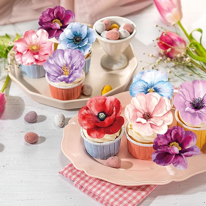 48 PCS Edible Flowers Cupcake Toppers Wafer Paper Wildflower Party Decoration Wedding Themed Party Decorations Picks for Baby Shower Wedding Birthday Party Cake Food Decorations Supplies