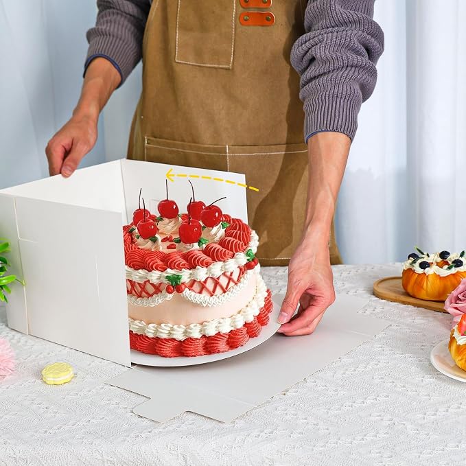 Moretoes 10 Sets Cake Boxes with Boards, 10x10x8 Inches Tall Bakery Boxes with Cake Boards with Window, Cajas Pasteles for Valentine's Day, Mother's Day, Pastries, Chocolates, Cookies, Pie