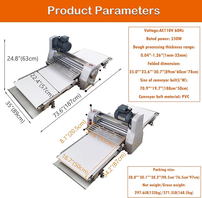 INTSUPERMAI Commercial Dough Sheeter Reversible Fondant Countertop Sheeter Dough Roll Press Machinefor Croissant Danish Pastry Bakery Roller Puff Pastry 70.9"×19.7" Belt Two-way Rollers 110V
