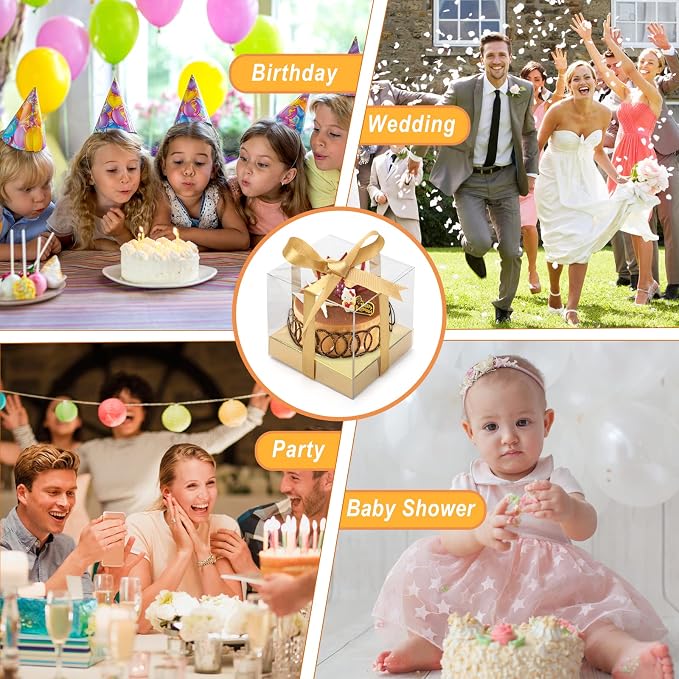 12 Pack Clear Plastic Cupcake Boxes, 3.5 Inch Gold Single Cupcake Containers Disposable Individual Cup Cake Carrier Holder Boxes with Inserts and Ribbon (Gold)