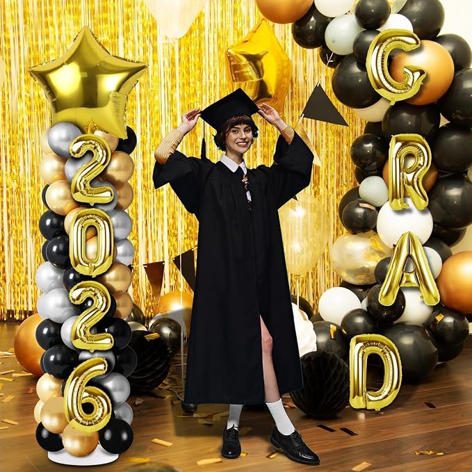 2 Sets Graduation Balloon Column Stand Kits with Balloons 2026 Grad Themed Decoration Navy Blue Balloon Tower Stand Kit for Grad High School & College Celebration Party Decor (Black Gold, 2)