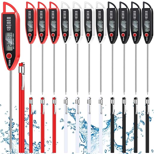 Copkim 12 Set Waterproof Food Thermometer for Water, Liquid, Candle and Cooking Digital Meat Thermometer with Long Probe Instant Read for Kitchen BBQ Grill Candy (Black,White,Red)