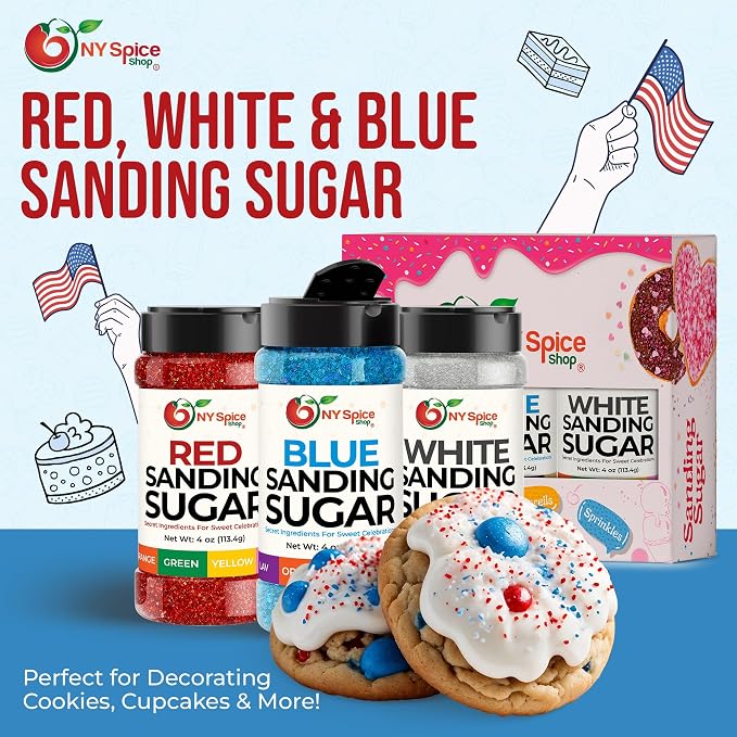 NY Spice Shop 4th Of July Sanding Sugar - Red White & Blue Sweet Colorful Edible Sprinkles - USA Themed Sanding Sugar For Independence Day Baking - Fourth Of July Party Supplies - 4 Ounce (Pack of 3)