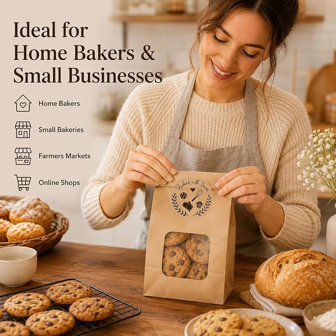 100 Baked with Love Stickers, Bakery Stickers, Baking Stickers & Cookie Stickers for Homemade Treats, Sourdough Bread, Pastry Packaging, Clear Black Foil Labels for Gift Bags & Small Business, 1.6''
