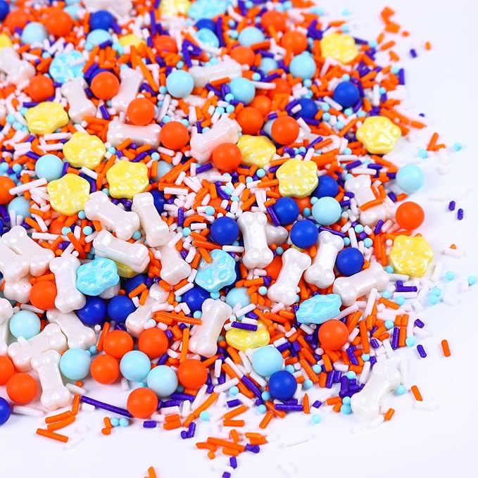 Dog Paw & Dog Bone Birthday Themed Sprinkles - 3oz, Sprinkles for Cupcakes Decorating, Dog Paw Cake Decorations, Orange and Blue Sprinkle Mix for Decorating Cakes, Cookies, Cupcakes, Treats and Candy