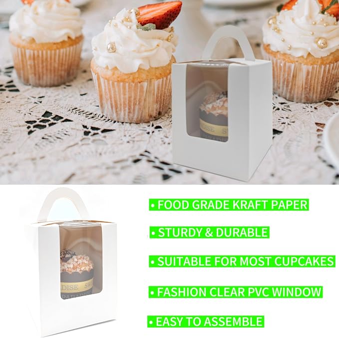 Individual Cupcake Boxes Bulk, 50 Pack Premium Single Cupcake Boxes with Clear Display Window, Food Grade White Cupcake Carrier Cupcake Container, Perfect for Cupcakes Muffins Cookies