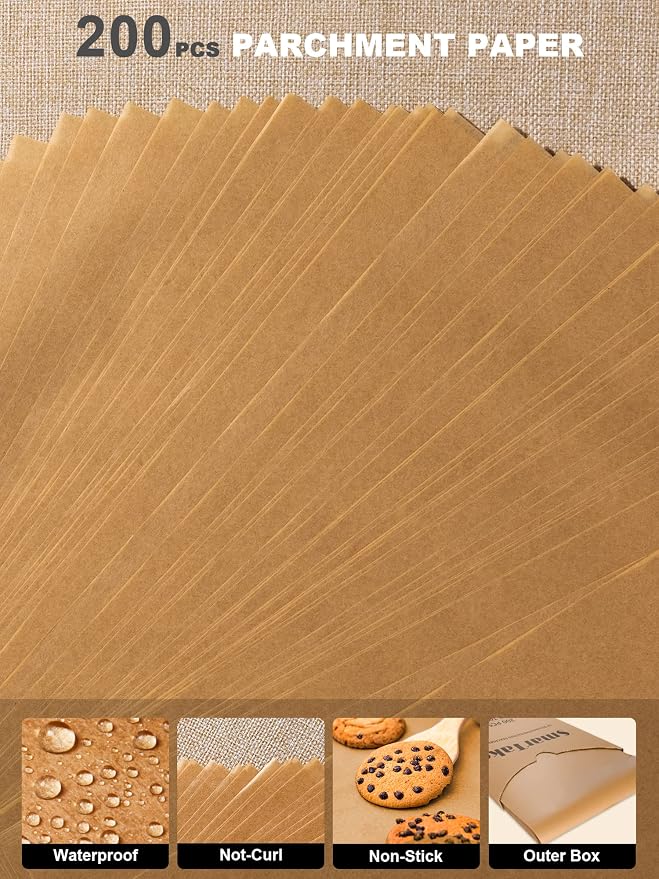 SMARTAKE 200 Pcs Parchment Paper Baking Sheets, 17x26 Inches Non-Stick Precut Baking Parchment, for Baking Grilling Steaming Bread Cup Cake Cookie and More (Unbleached)