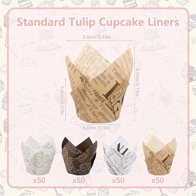 200 Pcs Newspaper Tulip Cupcake Liners for Baking, Newspaper and Stripe | Standard Greaseproof Tulip Muffin Liners for Baking, 3oz Paper Cupcake Wrappers for Party Wedding Birthday