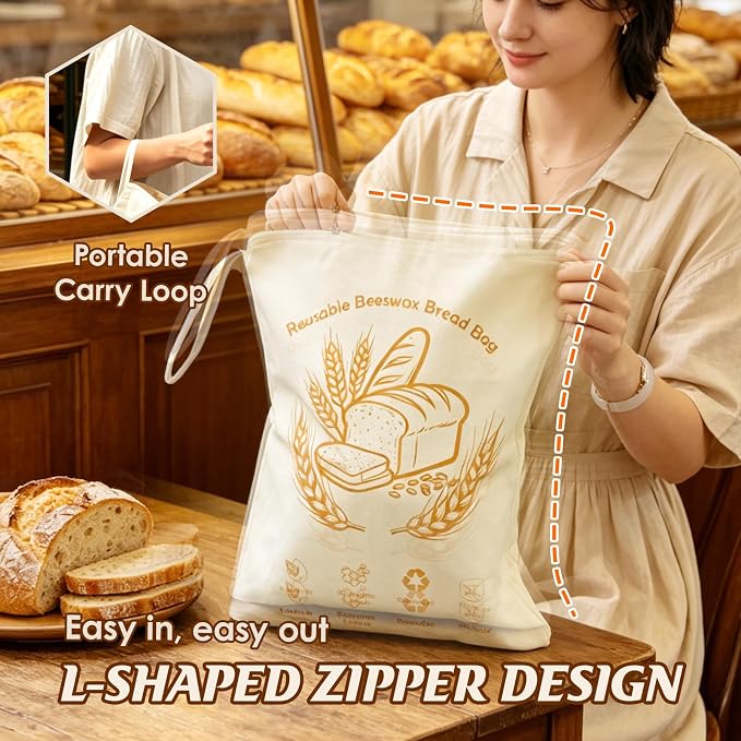 2 Pack Reusable Beeswax Bread Bags with Wide L-Shaped Zipper for Homemade Bread Sourdough - 17x13 Large Organic Cotton Linen Storage Bag - Moisture Lock Keeps Bread Fresh, Easy to Clean