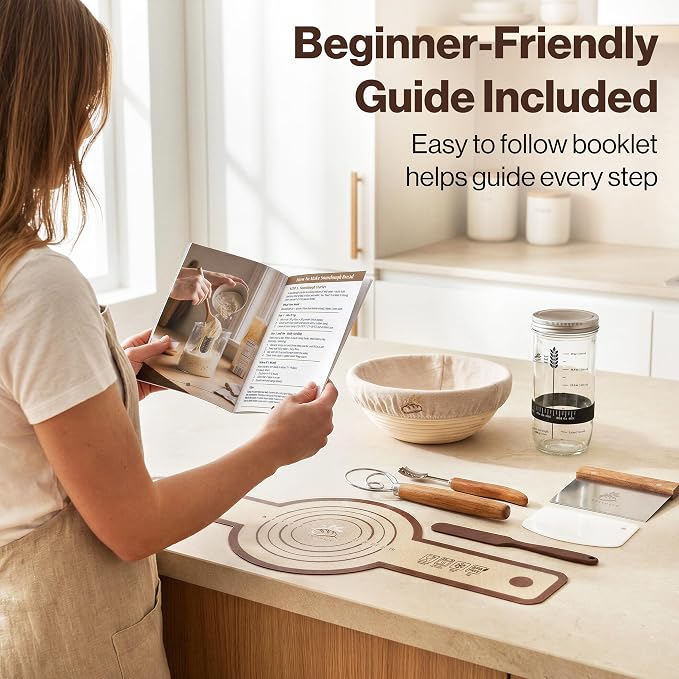 EDELHAUS Banneton Proofing Basket Complete Set Round – Complete Sourdough Bread Baking Kit with Banneton Basket, Dough Tools, Sourdough Starter Jar, Bread Lame, Bench Scraper & Baking Mats
