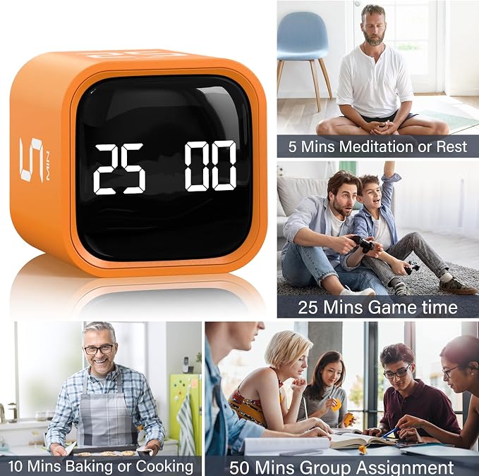 Rotating Pomodoro Timer 5, 25, 10 50 Minutes Preset, Desk Productivity Flip Timer, ADHD Tool Cube Countdown Stopwatch, Vibration/High/Low Volume/Custom Modes, for Work, Study, Back to School, Orange