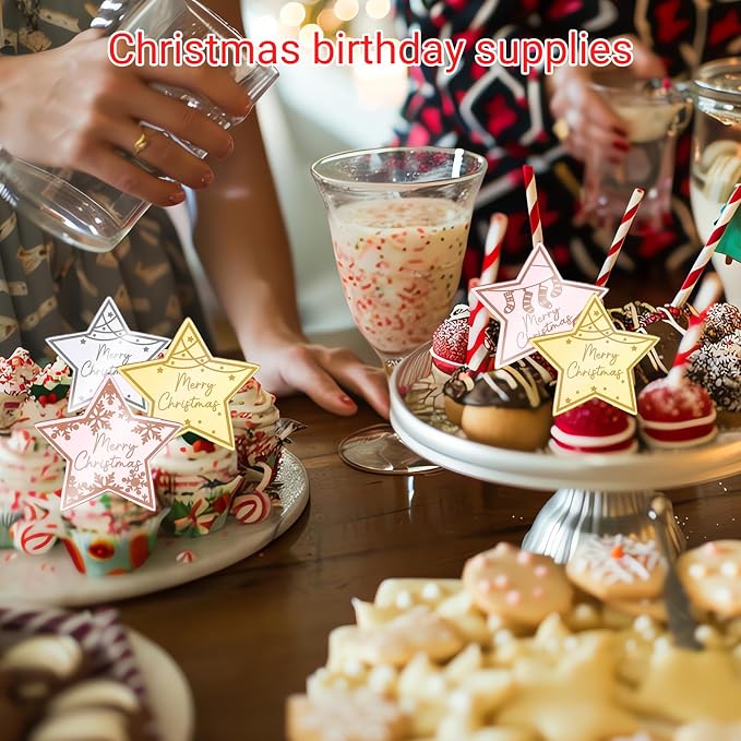 Wootkey 36 PCS Christmas Cupcake Toppers Acrylic Mirror Star Little Star Cake Decorations for New Year Christmas Party Supplies