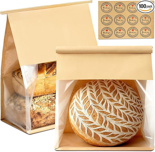 100 Pack Extra Large Paper Bread Bags for Homemade Bread Sourdough Bags, 13.7x10.6x5.5 Inches Resealable Tin Tie Tab Lock Bakery Loaf Bag with Window, Baked Goods Packaging for Gifting and Bake Sale