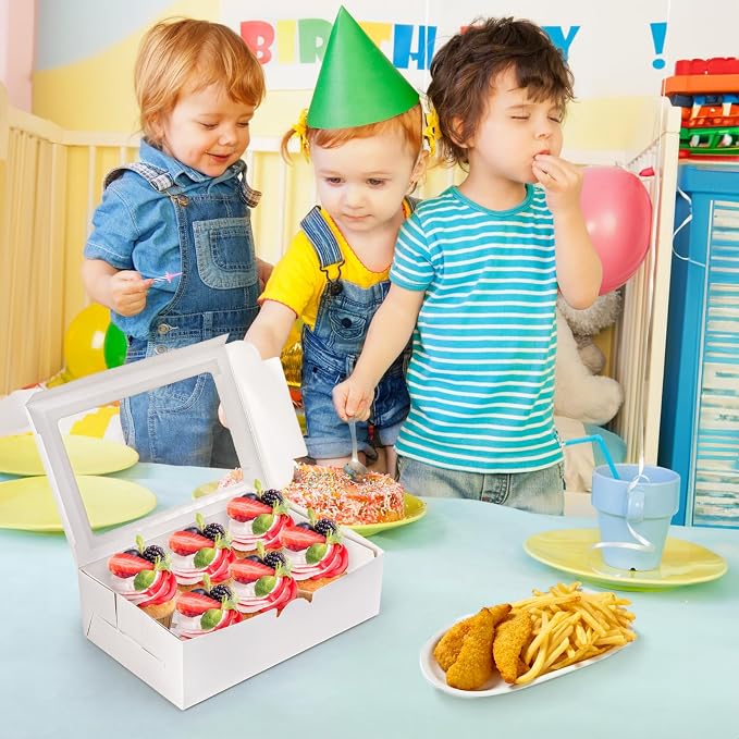 Jucoan 50 Pack White Paper Cupcake Box with Insert and Window Hold 6 Standard Cupcakes, Cupcake Carrier Container, Bakery Muffin Box for Pastry, Cookies, Birthday, Father's Day, Wedding Party